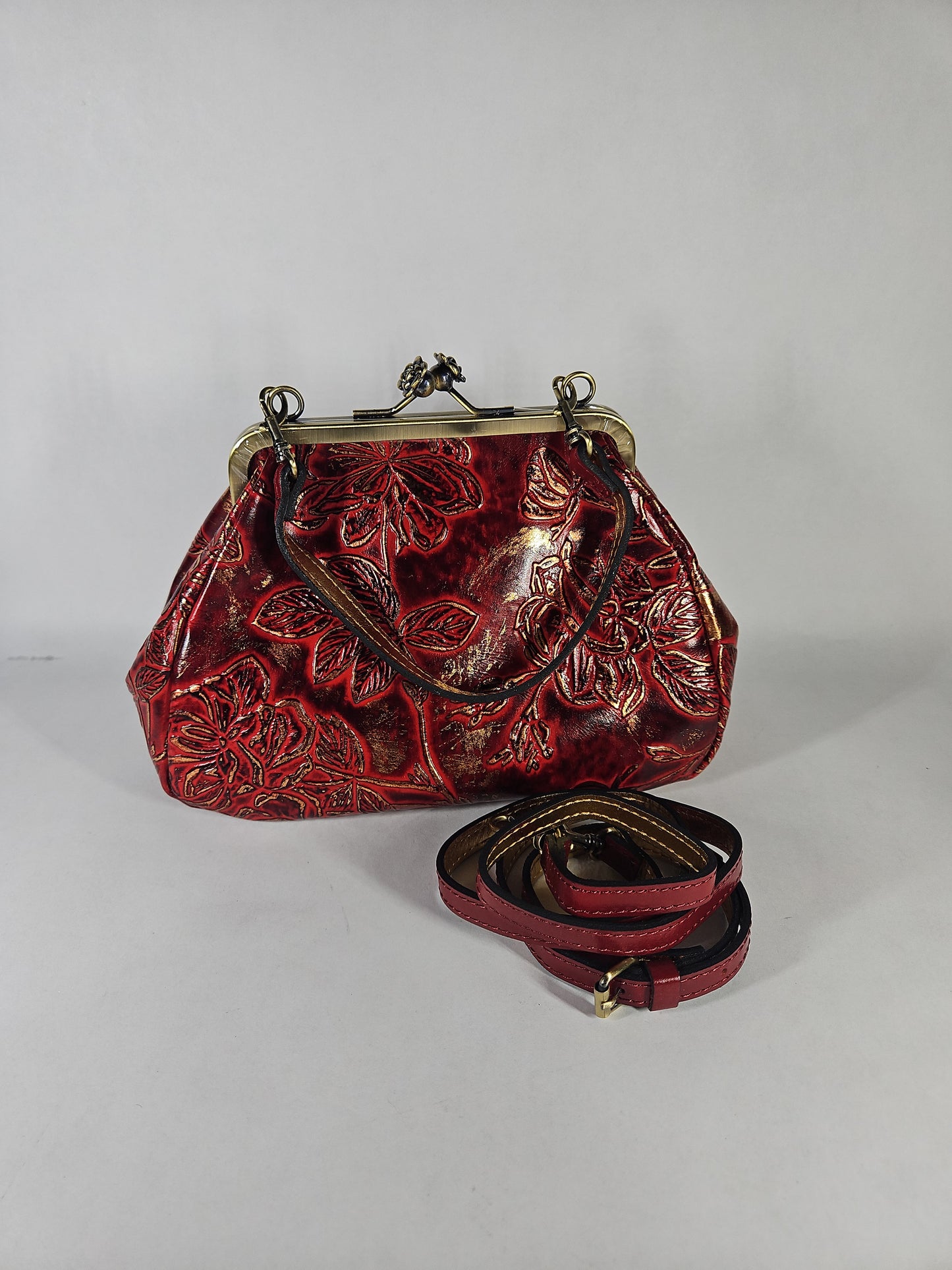Patricia Nash Embossed Tabby Small Frame Crossbody Bag – Red Leaves