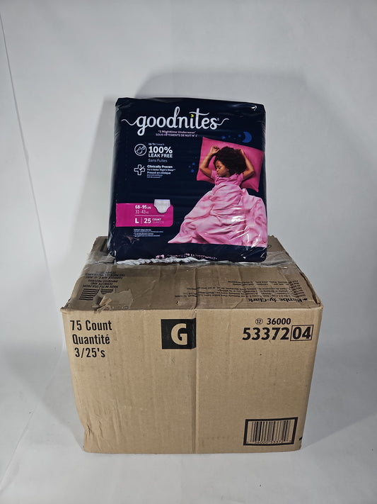 Goodnites Girls Nighttime Bedwetting Underwear Size L 68-95 lbs 75 Count