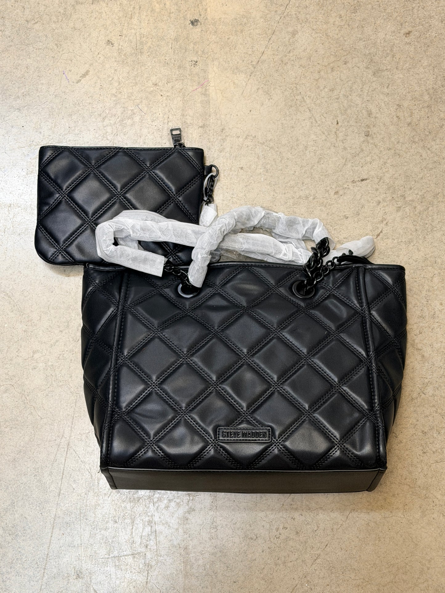 Steve Madden Katt Faux Leather Quilted Tote with Pouch - Black - 193624497193