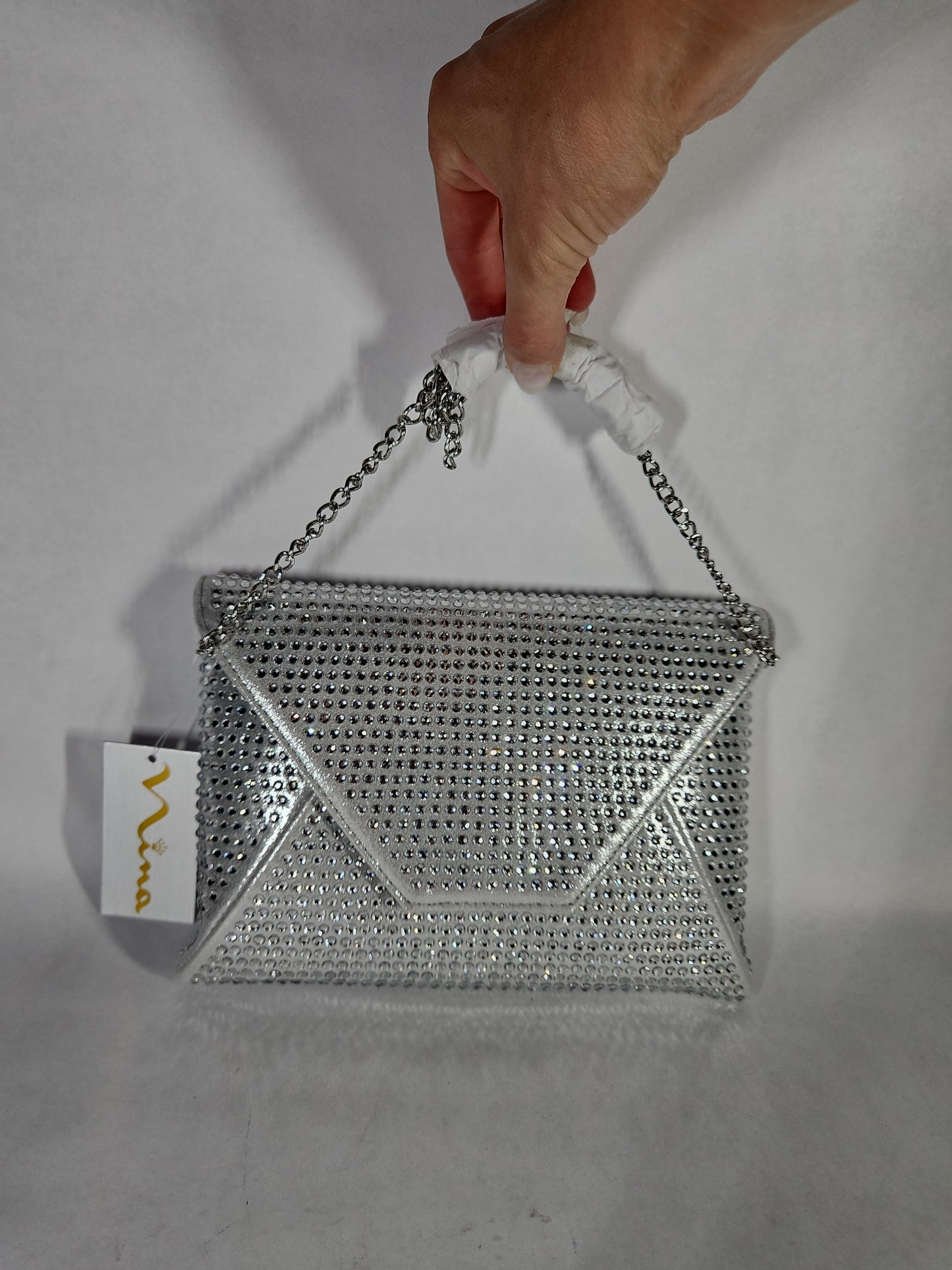Nina Crystal Encrusted Square Envelope Clutch – Silver