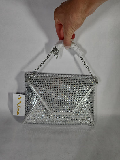 Nina Crystal Encrusted Square Envelope Clutch – Silver