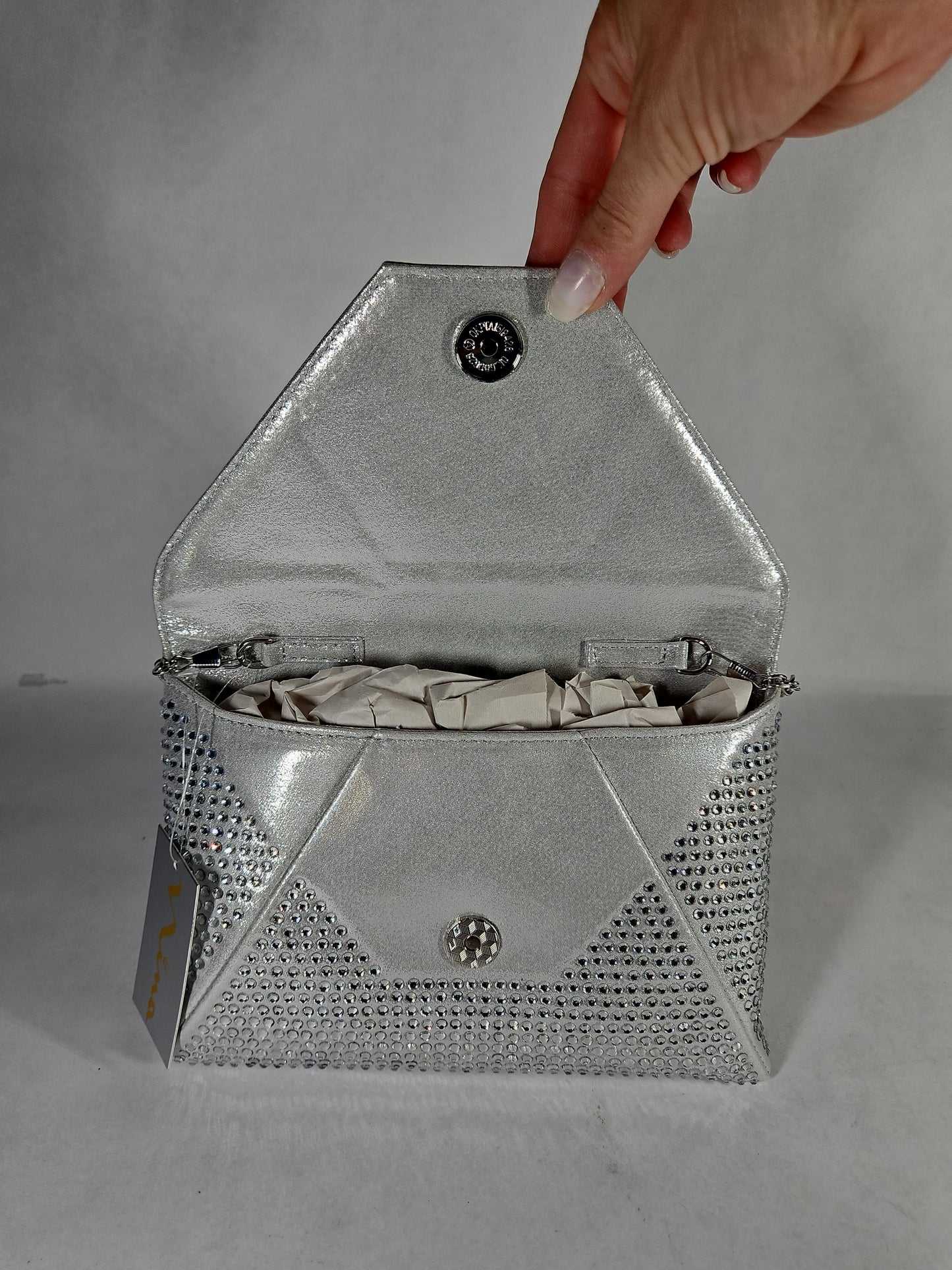 Nina Crystal Encrusted Square Envelope Clutch – Silver
