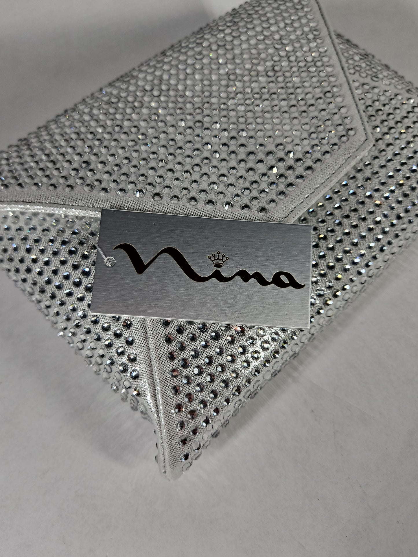 Nina Crystal Encrusted Square Envelope Clutch – Silver