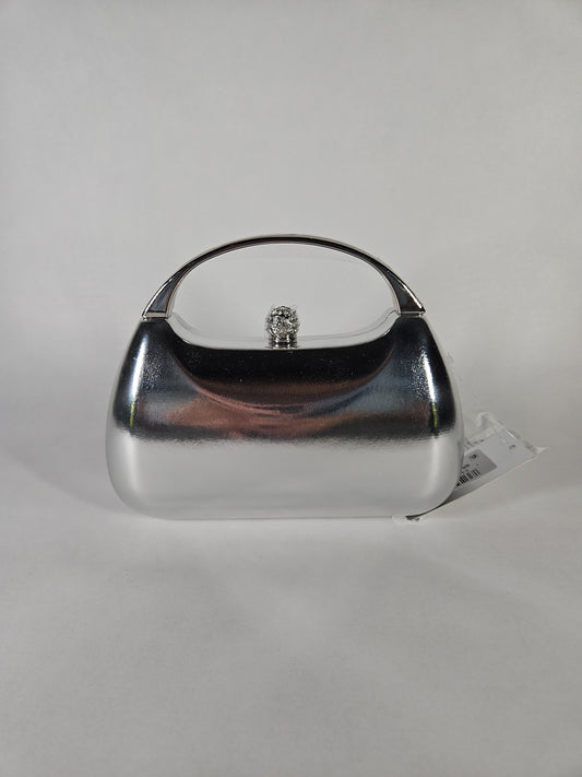 Nina Metallic Minaudiere Bag with Metal Handle – True Silver