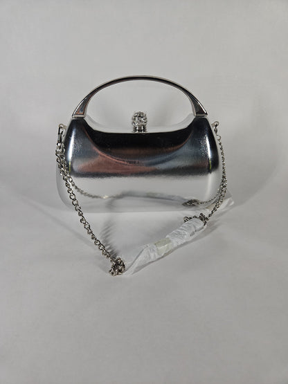 Nina Metallic Minaudiere Bag with Metal Handle – True Silver