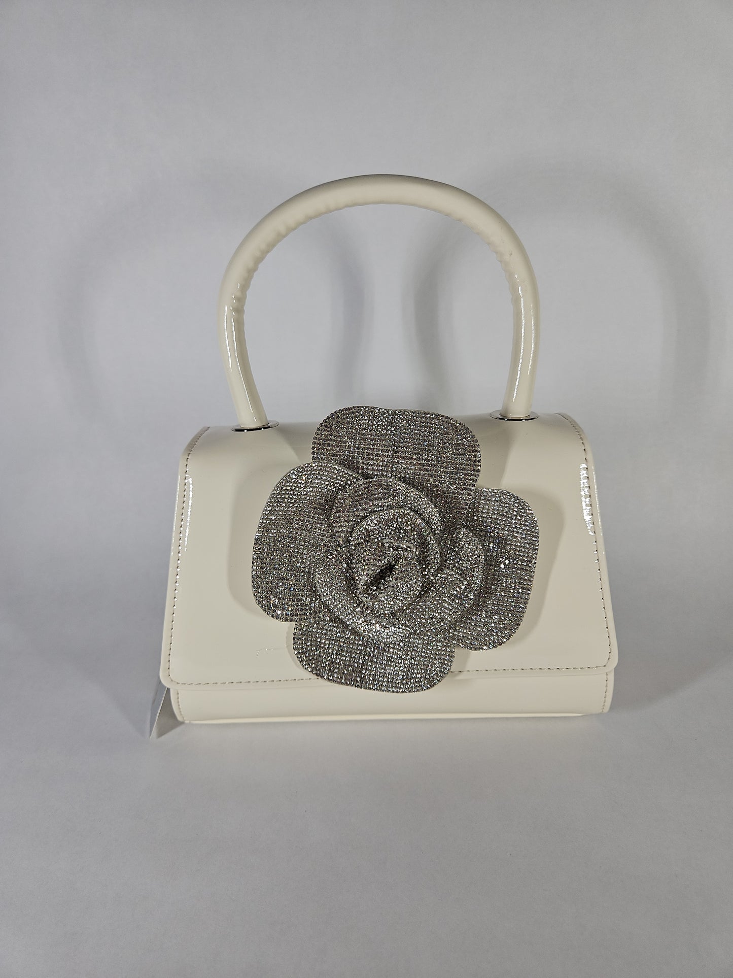 Nina Crystal Flower Embellished Patent Satchel Bag – Ecru