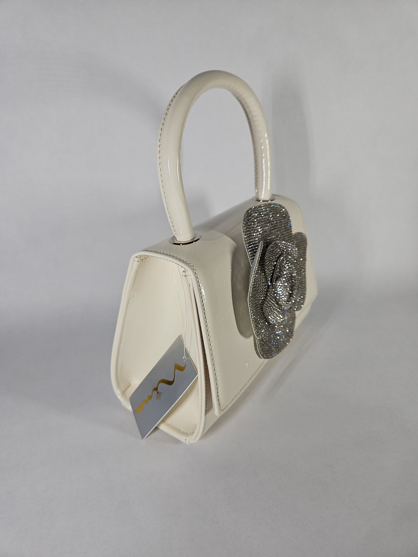 Nina Crystal Flower Embellished Patent Satchel Bag – Ecru