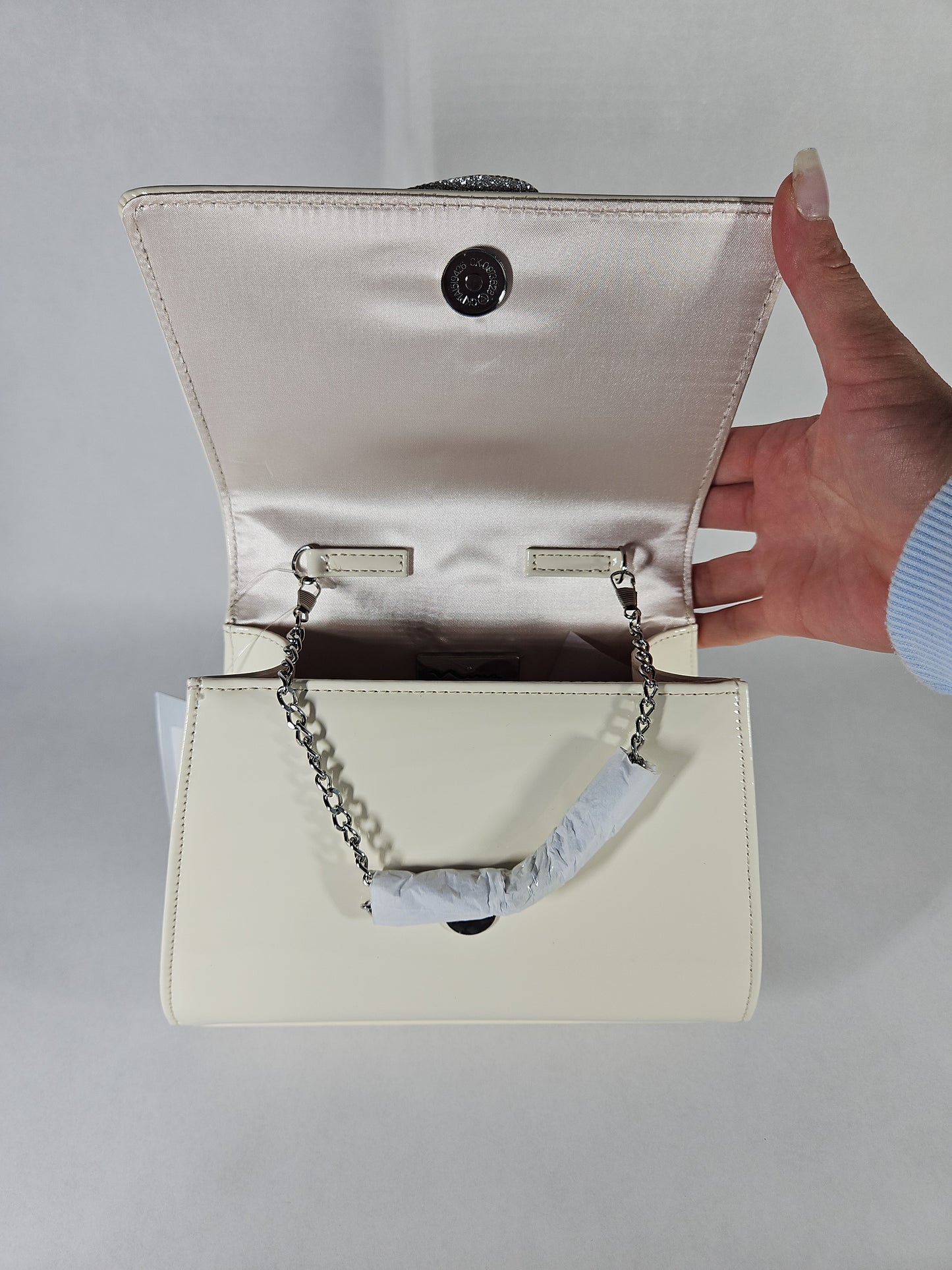 Nina Crystal Flower Embellished Patent Satchel Bag – Ecru