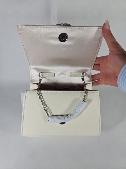 Nina Crystal Flower Embellished Patent Satchel Bag – Ecru