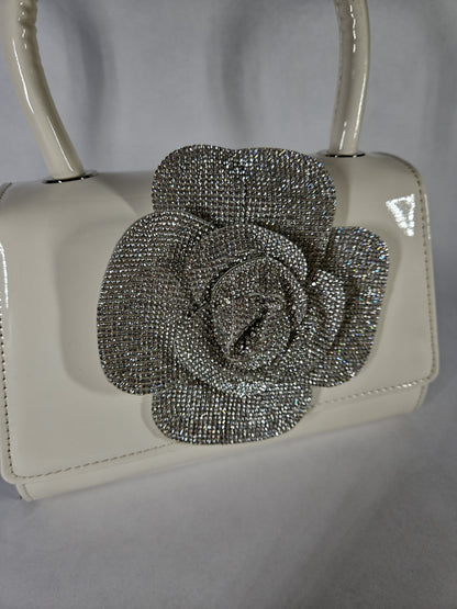 Nina Crystal Flower Embellished Patent Satchel Bag – Ecru