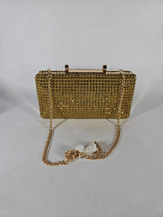 Nina Mini Crystal Encrusted Minaudiere Lift Lock Clutch – Gold Metal