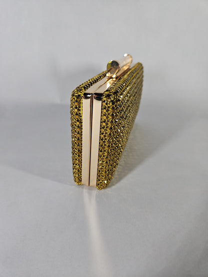 Nina Mini Crystal Encrusted Minaudiere Lift Lock Clutch – Gold Metal