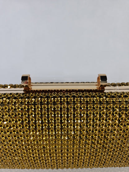 Nina Mini Crystal Encrusted Minaudiere Lift Lock Clutch – Gold Metal