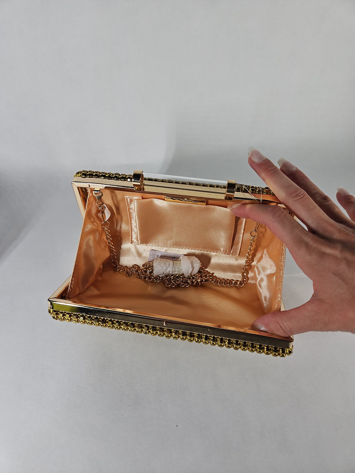 Nina Mini Crystal Encrusted Minaudiere Lift Lock Clutch – Gold Metal