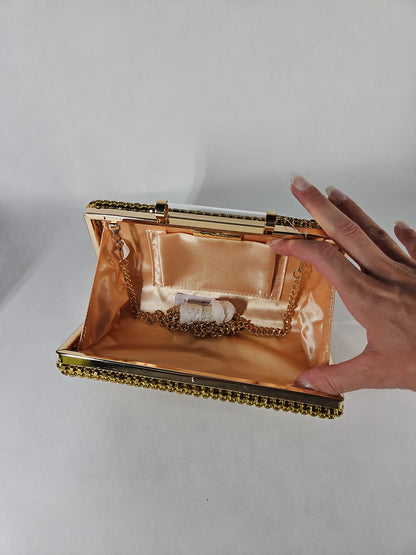 Nina Mini Crystal Encrusted Minaudiere Lift Lock Clutch – Gold Metal