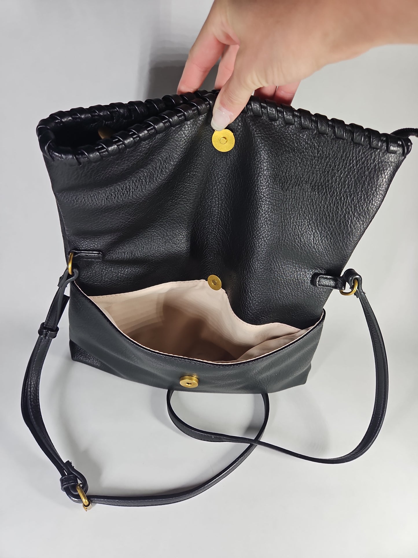 Style & Co Whipstitch East West Flap Small Crossbody Black Gold Hardware