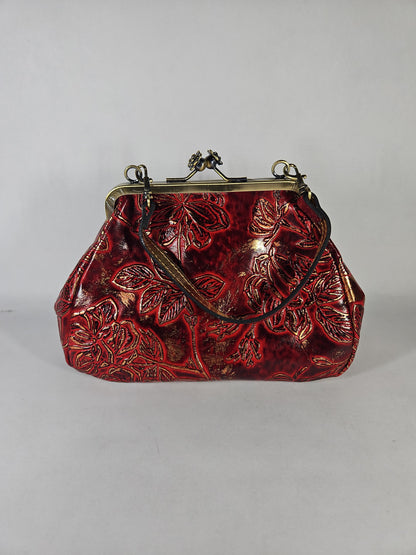 Patricia Nash Embossed Tabby Small Frame Crossbody Bag – Red Leaves