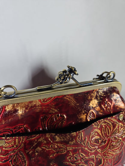 Patricia Nash Embossed Tabby Small Frame Crossbody Bag – Red Leaves