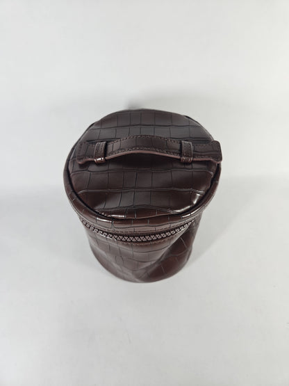 Trish McEvoy Cylindrical Cosmetic Vanity Case – Dark Brown Faux Croc