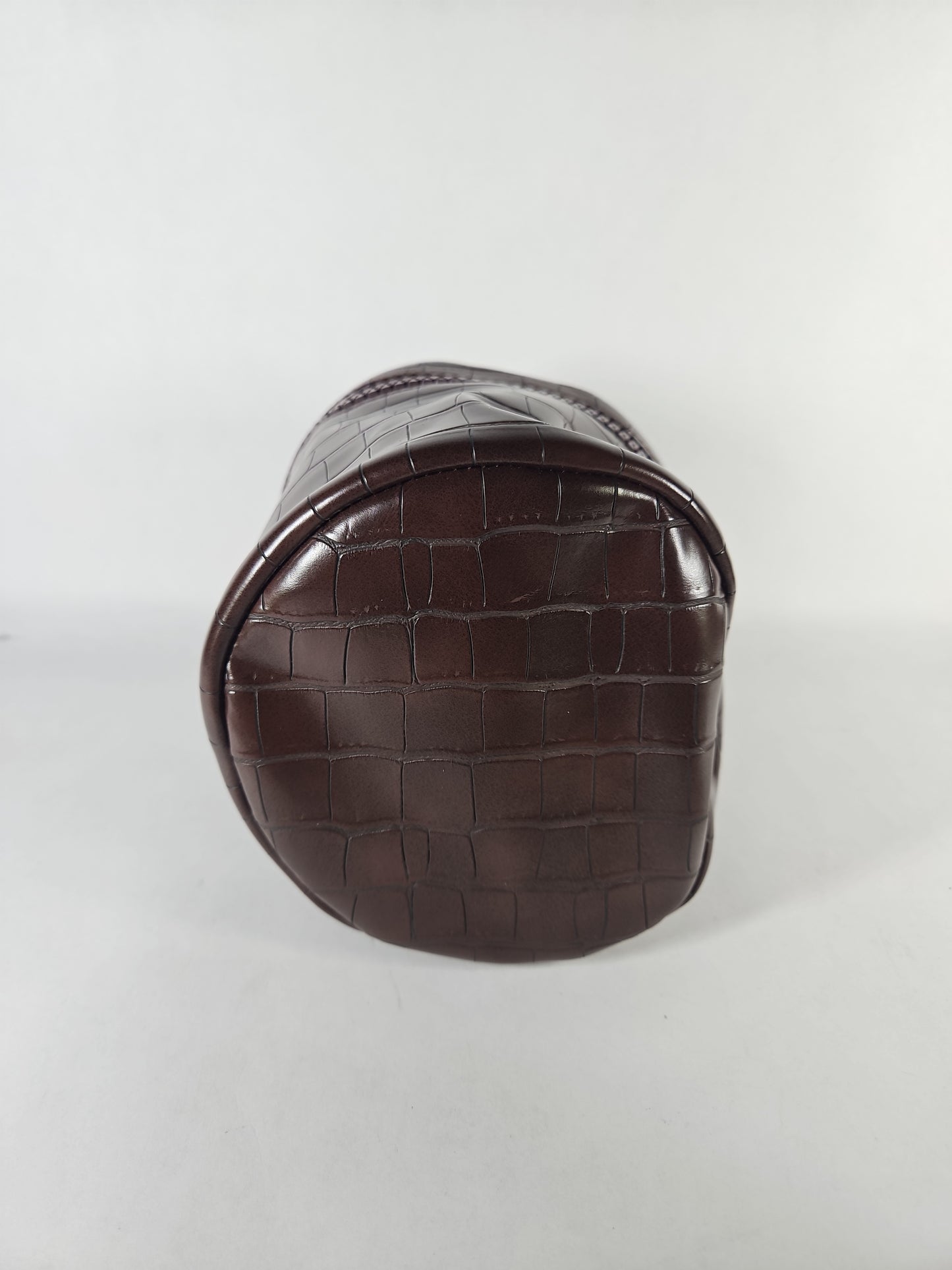 Trish McEvoy Cylindrical Cosmetic Vanity Case – Dark Brown Faux Croc
