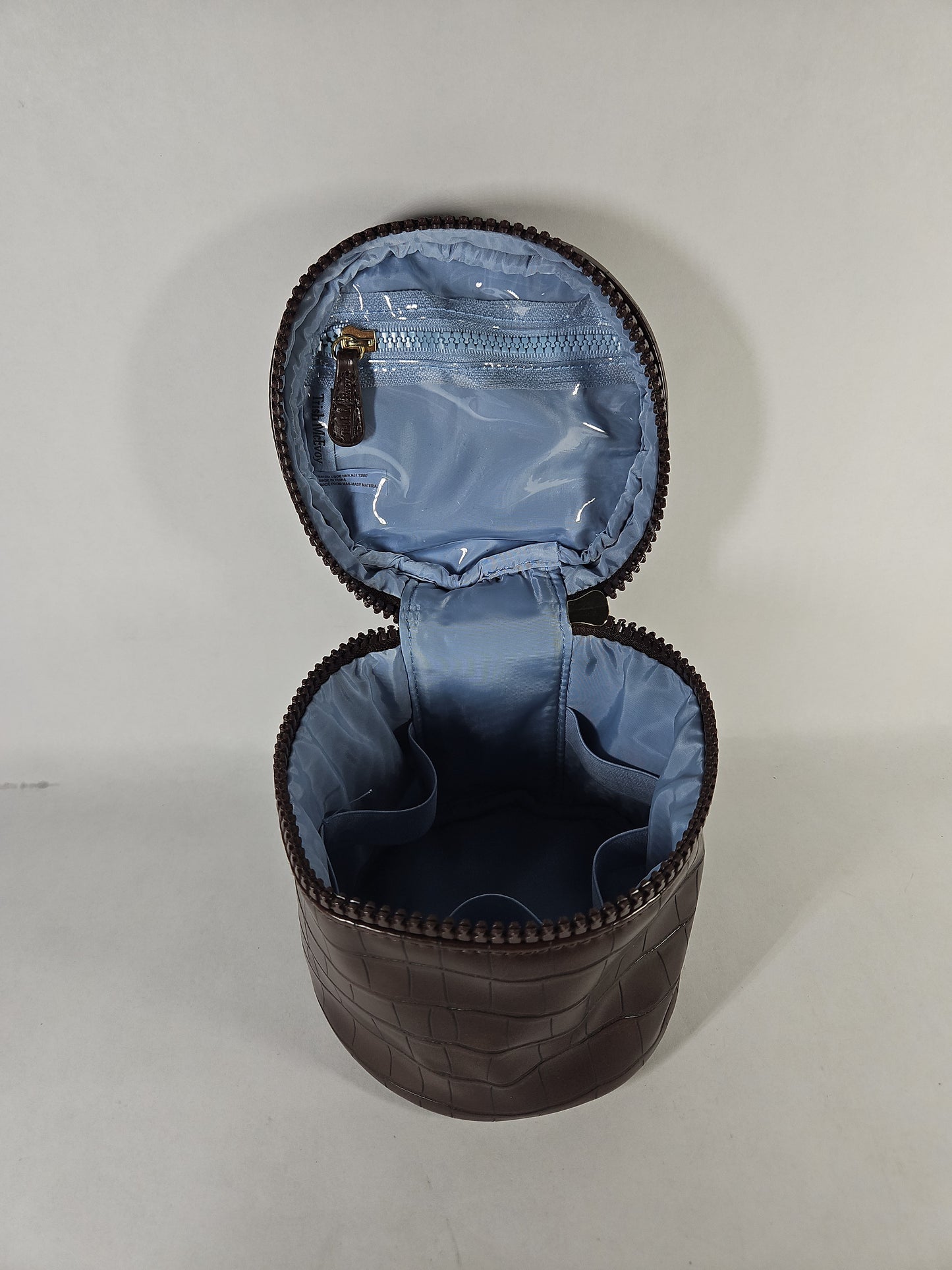 Trish McEvoy Cylindrical Cosmetic Vanity Case – Dark Brown Faux Croc