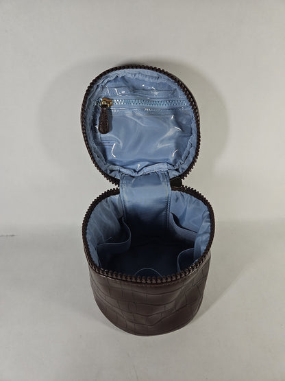 Trish McEvoy Cylindrical Cosmetic Vanity Case – Dark Brown Faux Croc