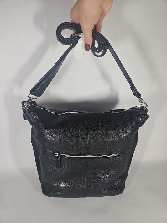 Mancini Pebbled Susan Leather Crossbody Hobo Bag – Black