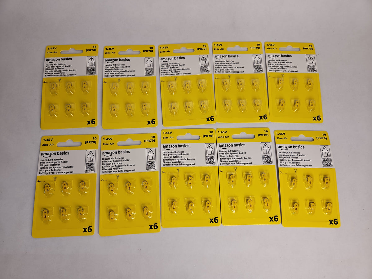 Amazon Basics 60-Pack Size 10 Hearing Aid Batteries Zinc-Air Yellow Tab