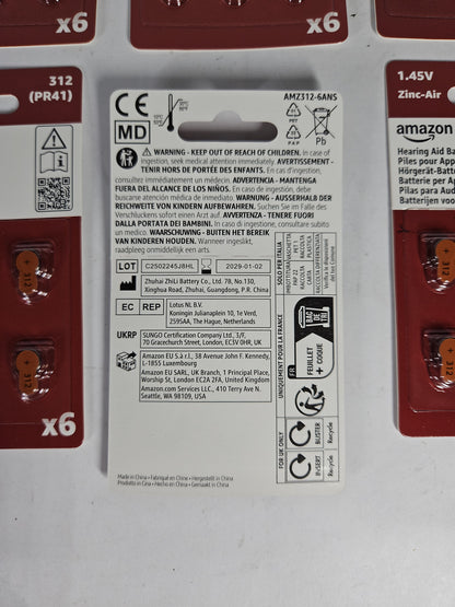 Amazon Basics Hearing Aid Batteries Size 312 Zinc-Air Brown Tab 54 Pack