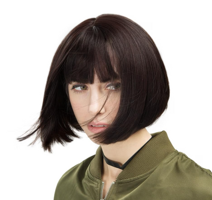 REECHO 11" Short Bob Wig with Bangs, Synthetic Hair – Dark Brown